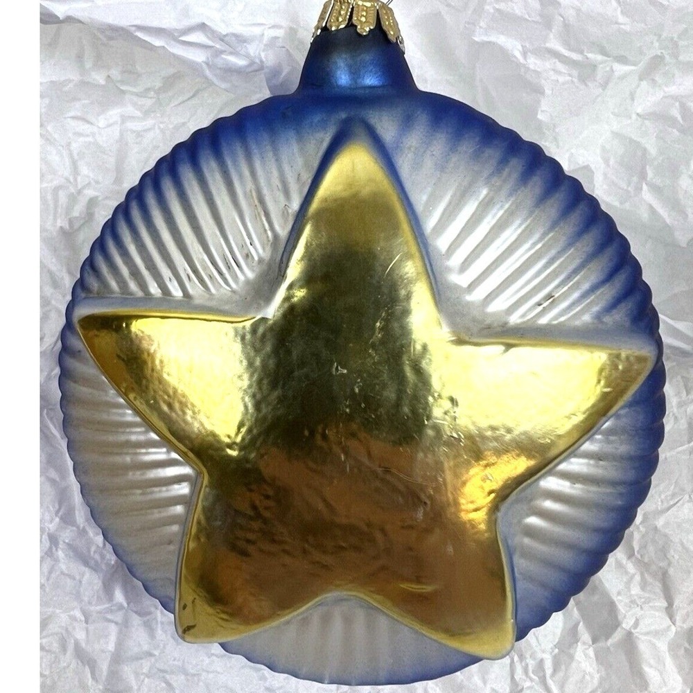 Vintage Christmas Glass Ornament GERMANY Blue Gold 3D Star Religious Wise Men